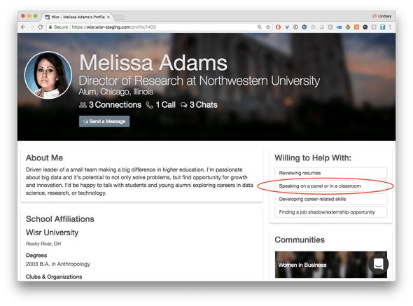 Wisr member profile page with red cirlce around the Speaking on a panel in a classroom option