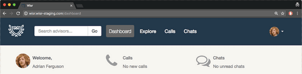 Image of Wisr's second iteration dashboard for a student with calls and chats tab